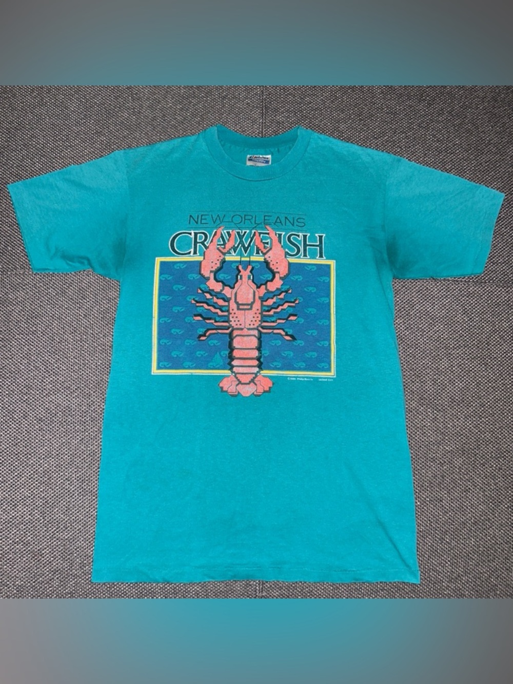 1986 New Orleans Crawfish Art Tee - Teal with Pink Lobster